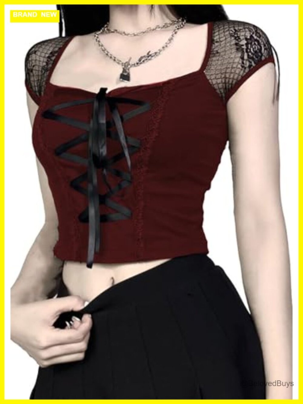 Womens Gothic Lace Up Crop Top Y2K Short Sleeve Crewneck